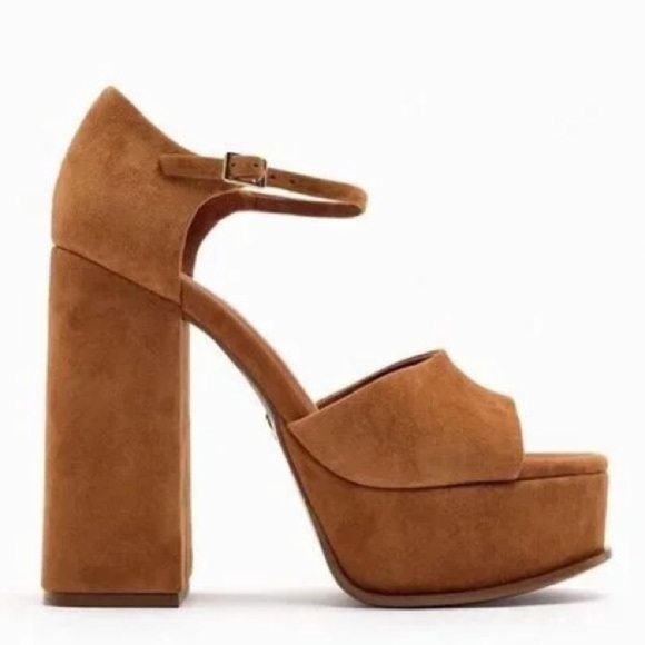 Zara Chunky Tan Brown Suede Open Toe 60’s 70’s Vibes Platform Strappy Sandals - Picture 3 of 8